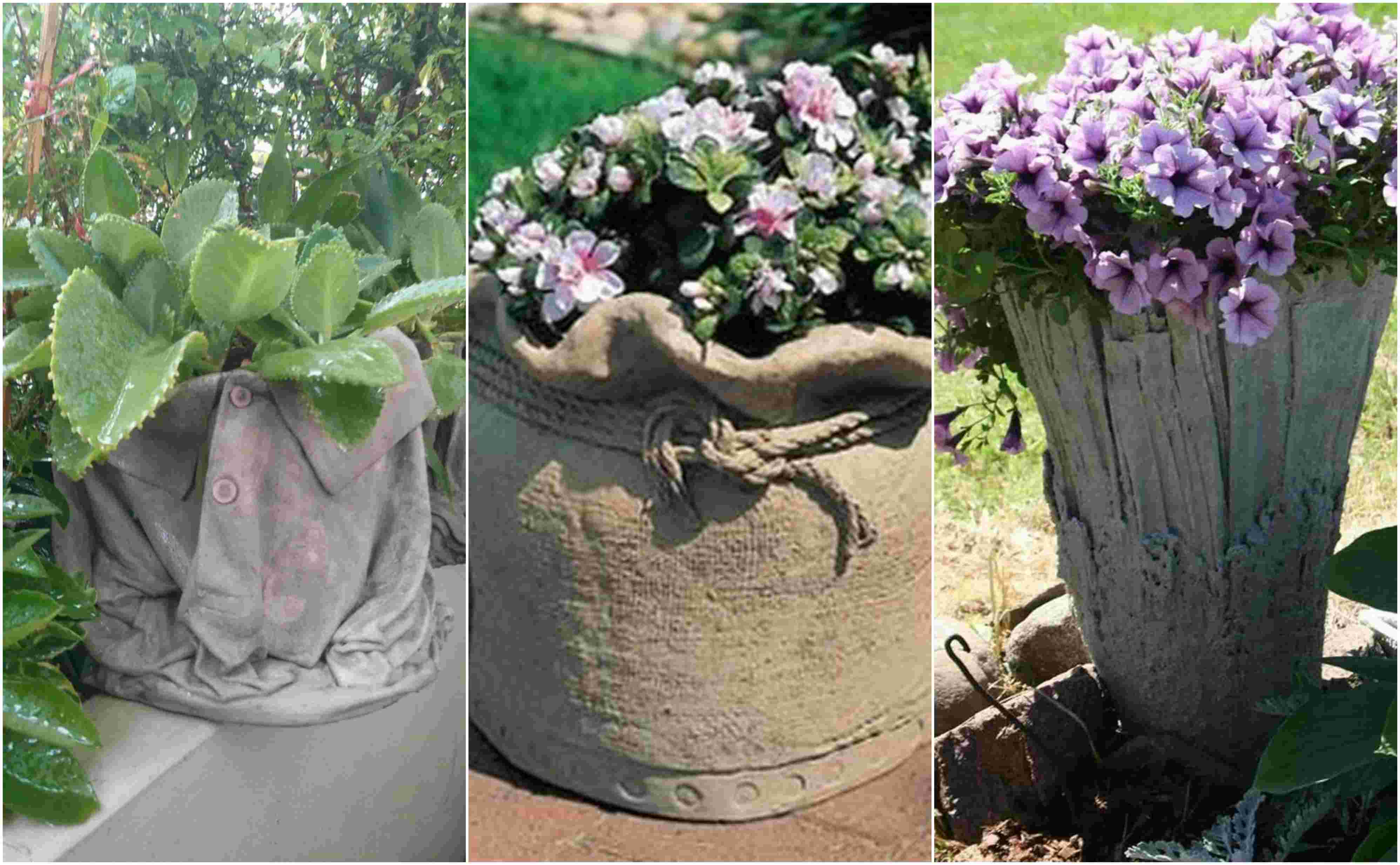 diy pots in the garden made of cement and old clothes (1)